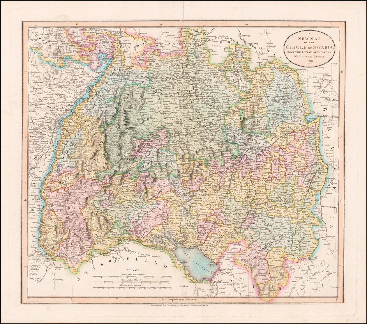 1799 map of Swabia by John Cary by John Cary