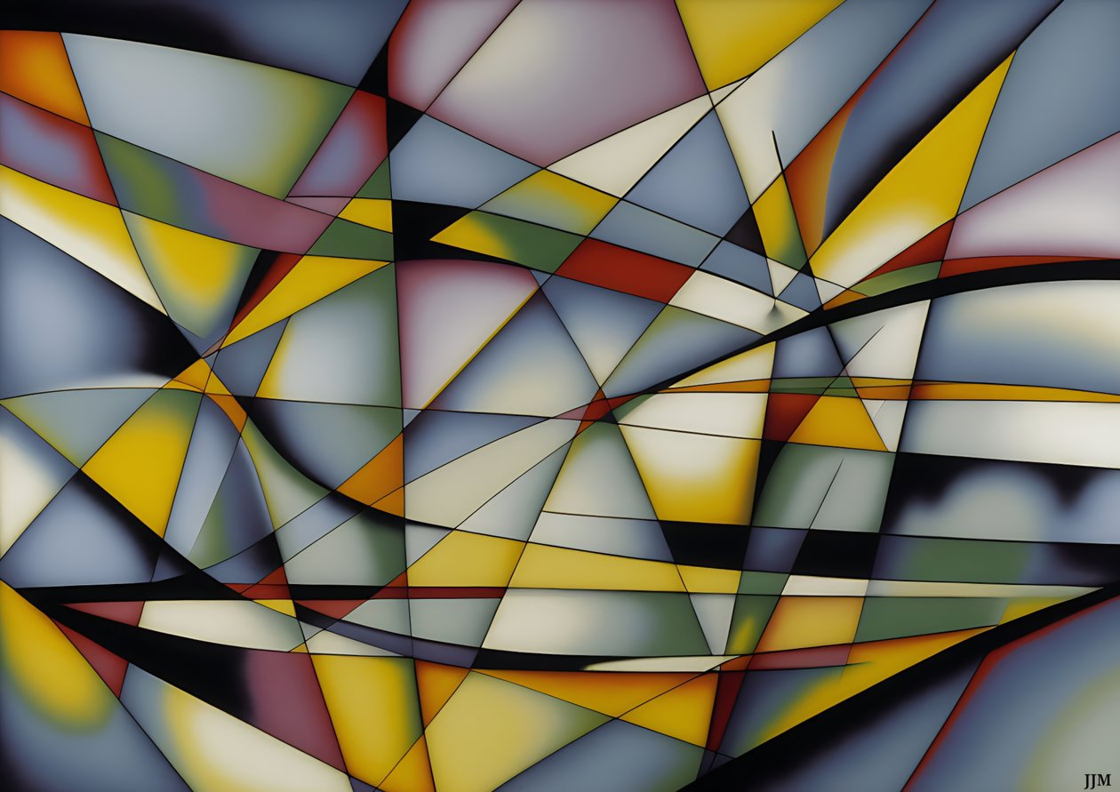 Abstract: Silver-Yellow Curves+Triangles 1 by Josef Johann Michel