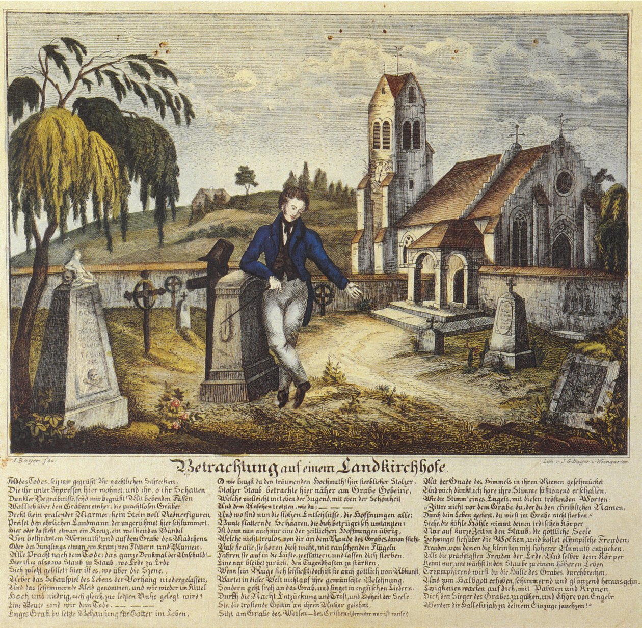 Contemplation in a Country Churchyard, Devotional Image with Prayer Text, Drawing by Joseph Bayer by Joseph Bayer