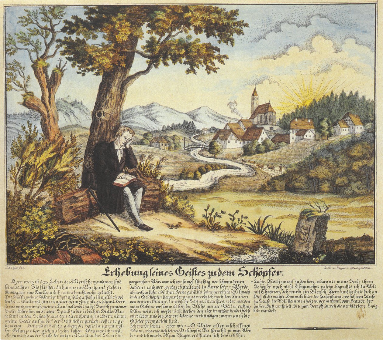 Elevation of His Spirit to the Creator, Devotional Image with Prayer Text, Colored Lithograph, before 1846 by Joseph Bayer