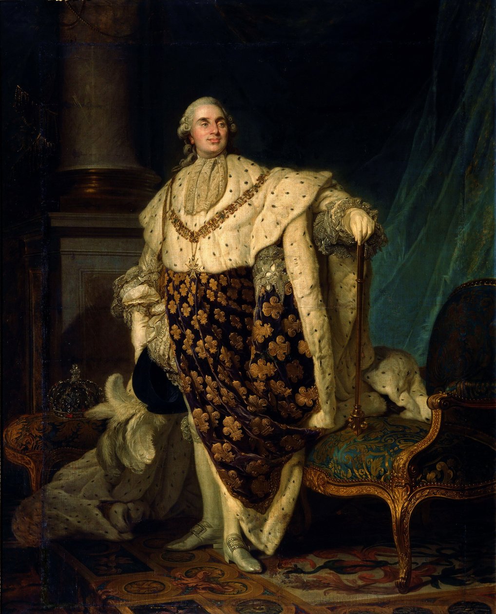 Louis XVI in Coronation Robes, not the Robes of the Day of His Coronation but a Conventional Costume Mixing the Coronation Robes and the Attire of the Order of St. Louis, the Scepter Below and the Crown in the Background as Signs by Joseph Siffred Duplessis