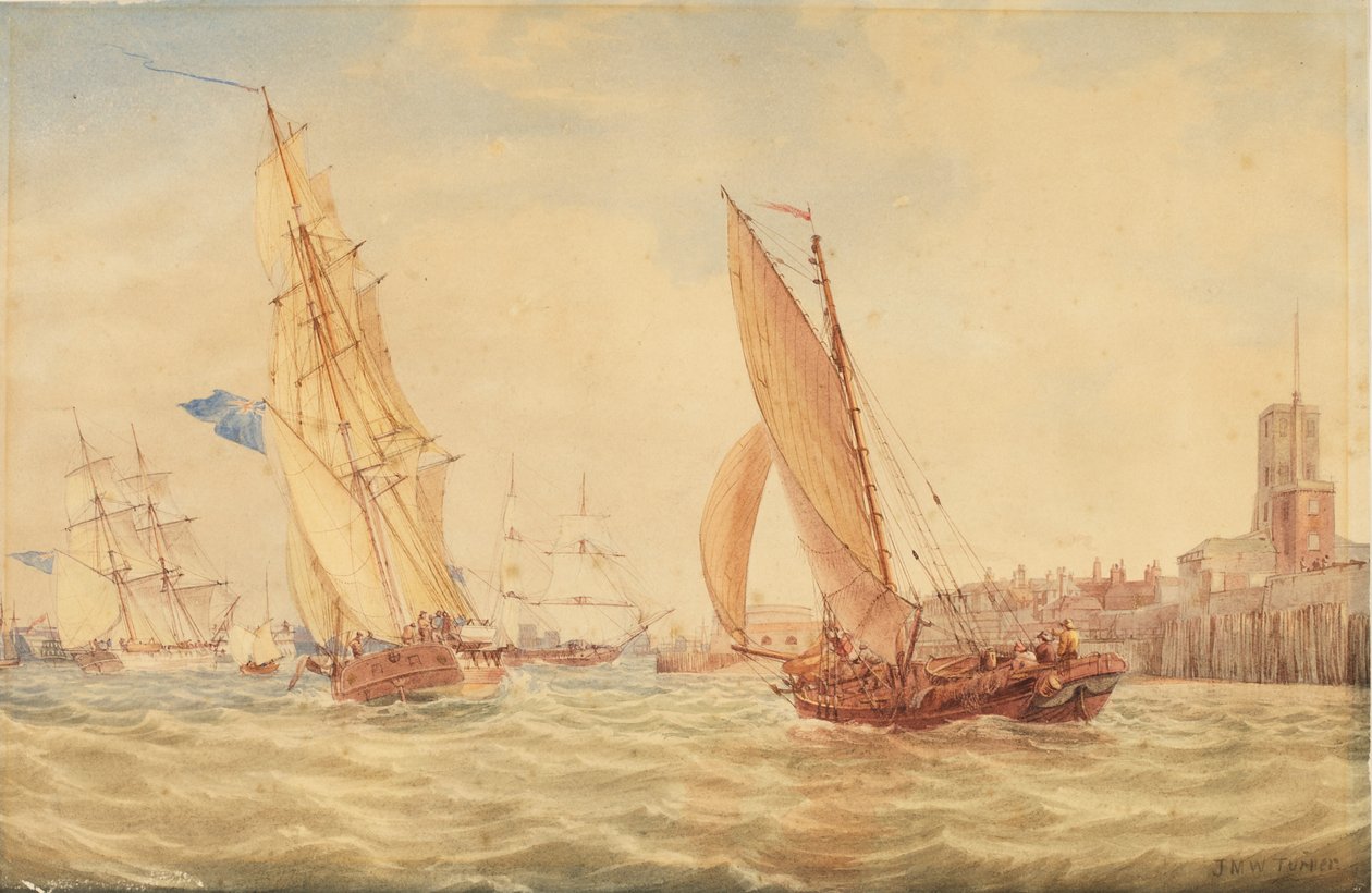 Three sloops of war and a fishing smack going into harbour, Portsmouth, c.1800-30 by Joseph Mallord William Turner