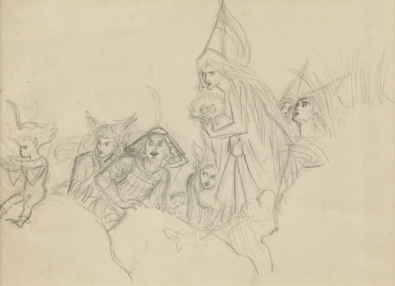 Medieval figures staring at an elf by Joseph Noel Paton