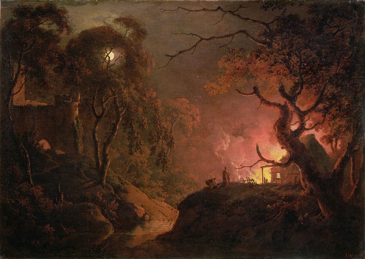 A Cottage on Fire at Night, c.1785-93 by Joseph Wright of Derby