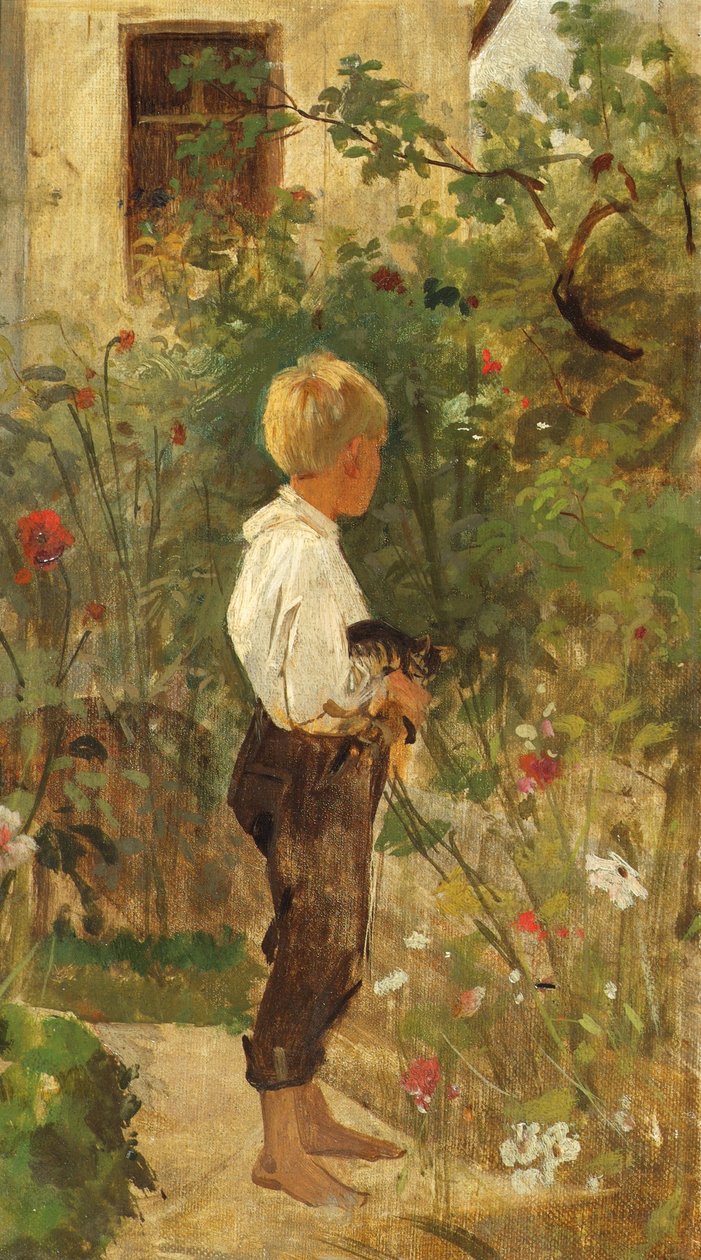 Boy with Cat in the Garden by Joseph Hasslwander