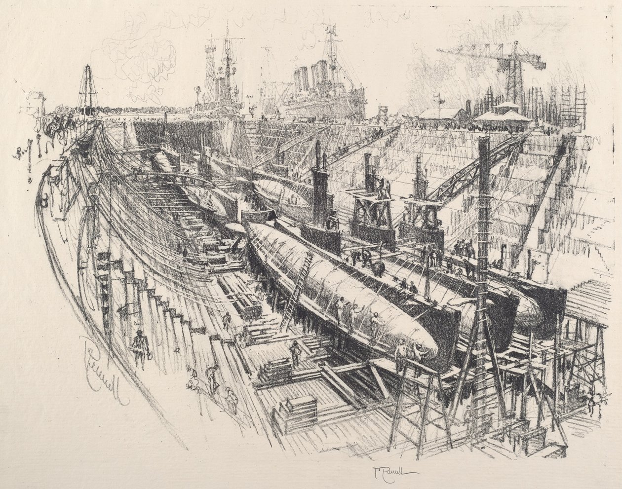 Submarines in Dry Dock by Joseph Pennell