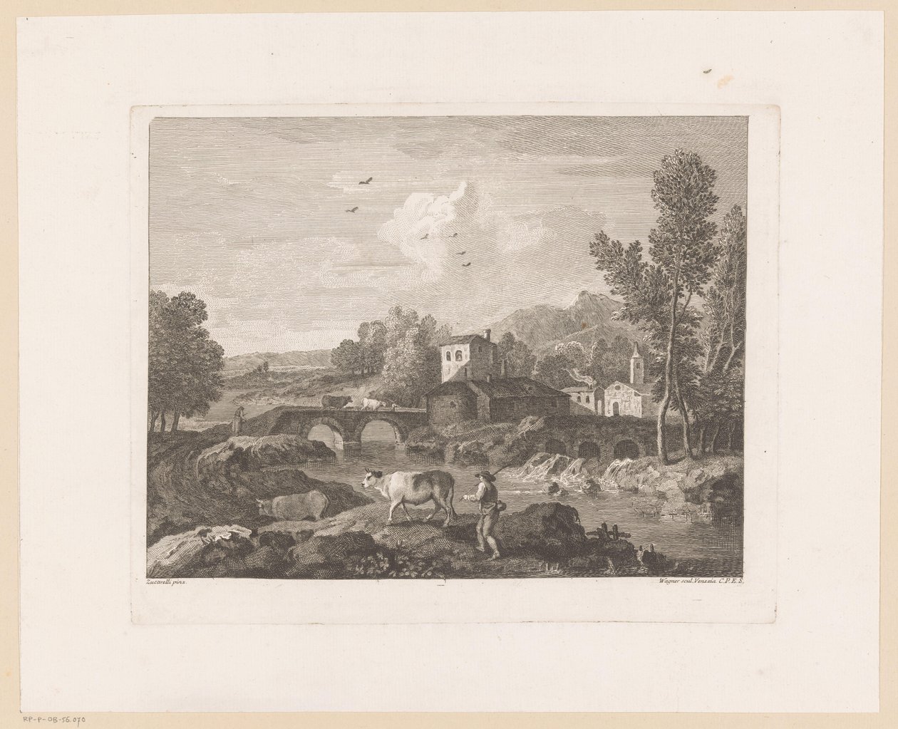 River Landscape with Shepherd and Cows on Bridge by Joseph Wagner