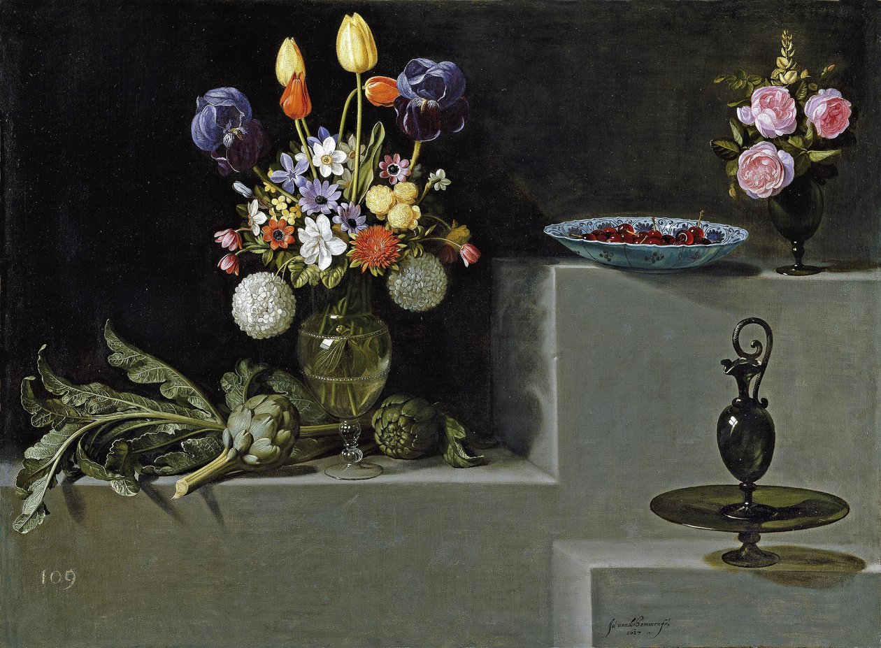 Still Life with Flowers, Artichokes, Cherries and Glassware by Juan van der Hamen
