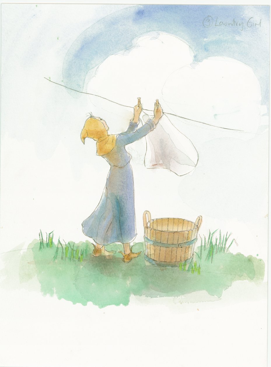 A medieval girl hanging laundry, 2004 by Judith Dobie