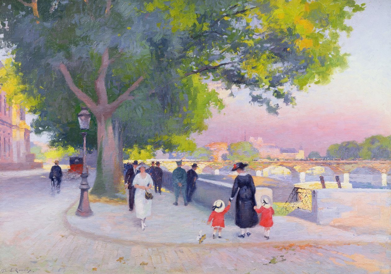 Promenade on the banks of the Seine in Paris by Jules Ernest Renoux