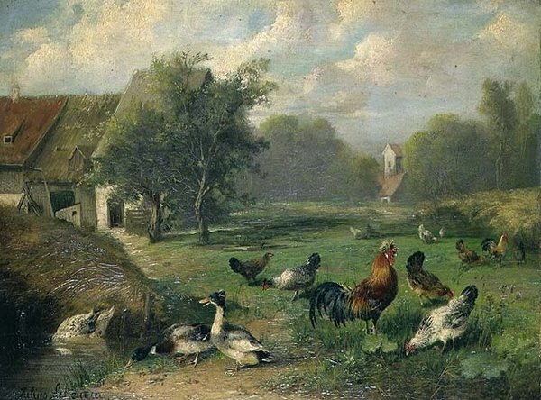 Duck and Poultry by a Pond by Julius Scheuerrer
