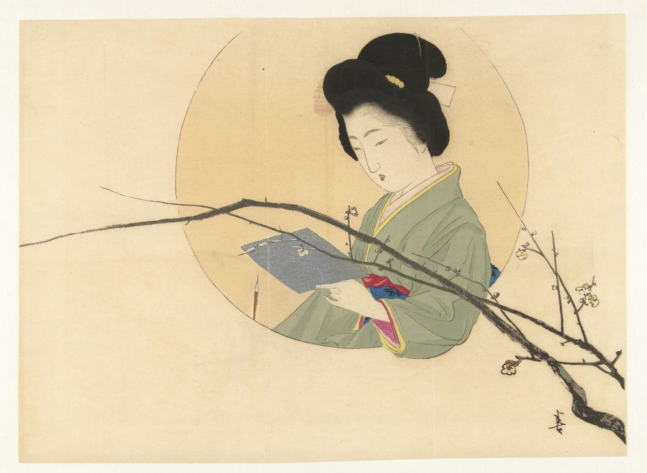 Woman Reading with Blooming Branch by Kajita Hanko