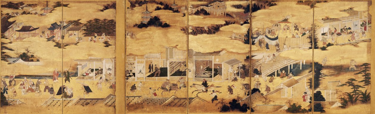 Scenes in and around the Capital, Pair of Six-Fold Byobu by Kano Takanobu