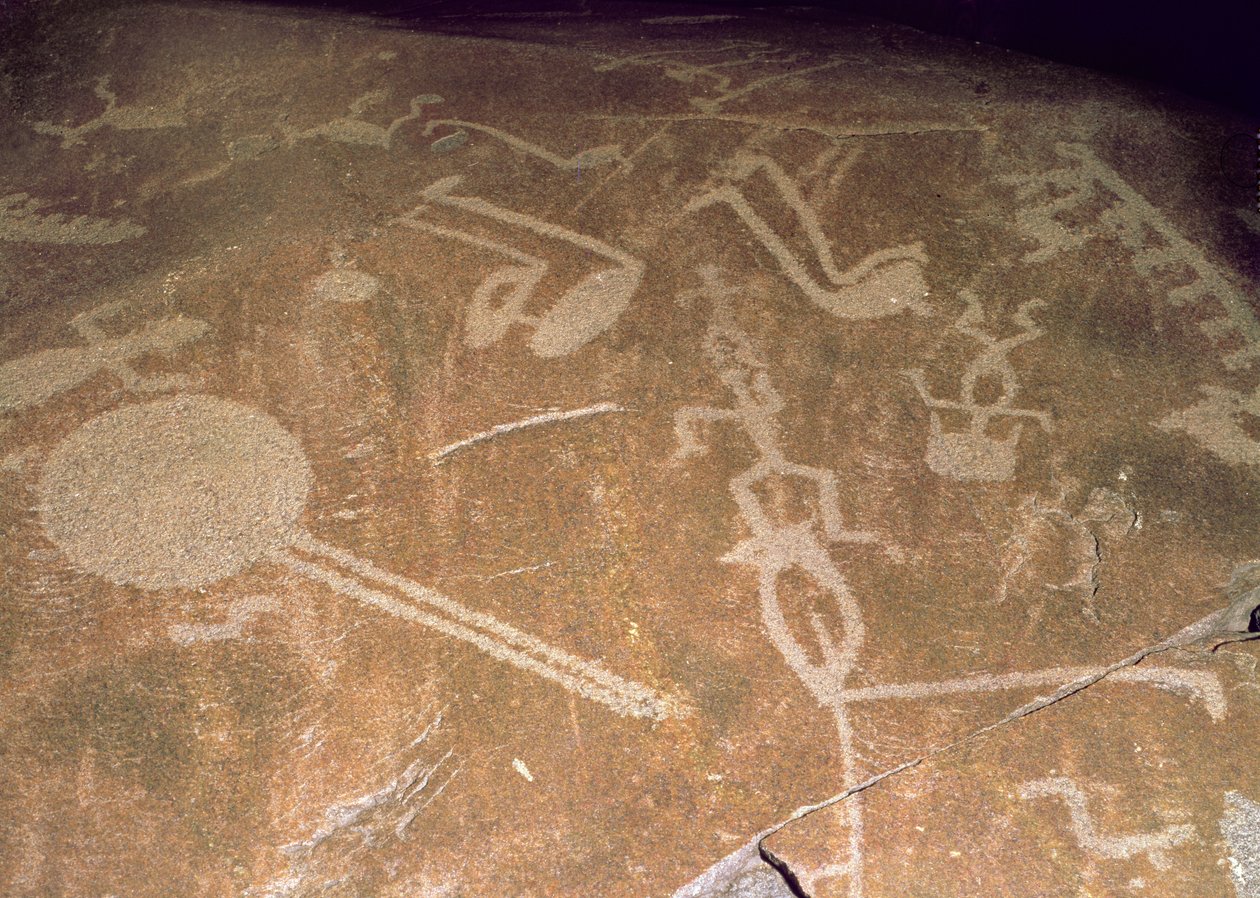 Carved petroglyph depicting figures, deer, elk, birds, boats and circles, 3rd millennium BC by Karelian