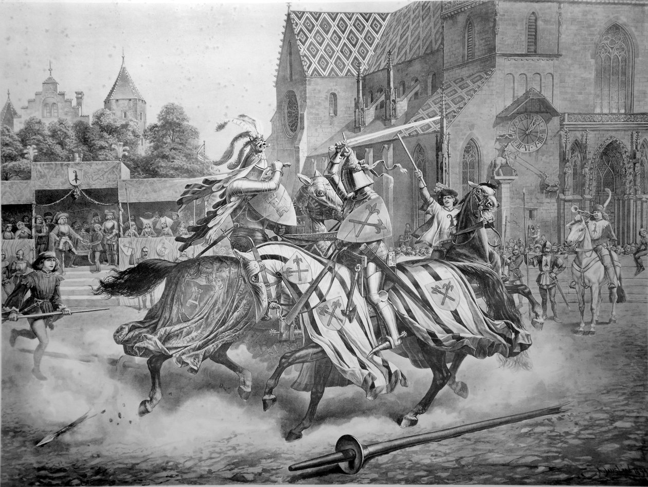 The Tournament in Basel between Heinrich von Ramstein and the Spaniard Don Merlo December 1428. Published by Emil Birkhäuser, Basel by Karl Jauslin