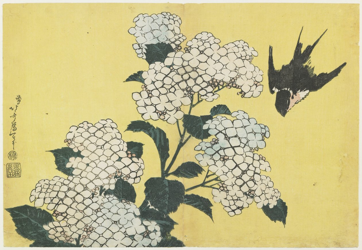 Hydrangea and Swallow, c. 1832 by Katsushika Hokusai