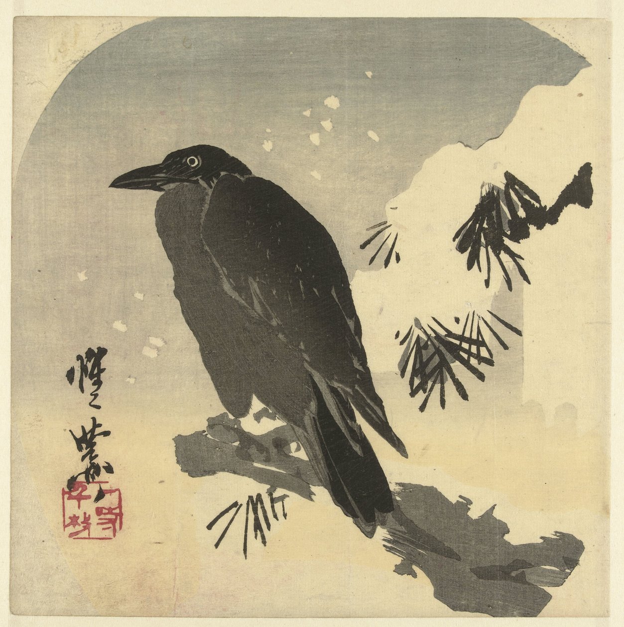 Crow on a Snowy Pine Branch by Kawanabe Kyosai
