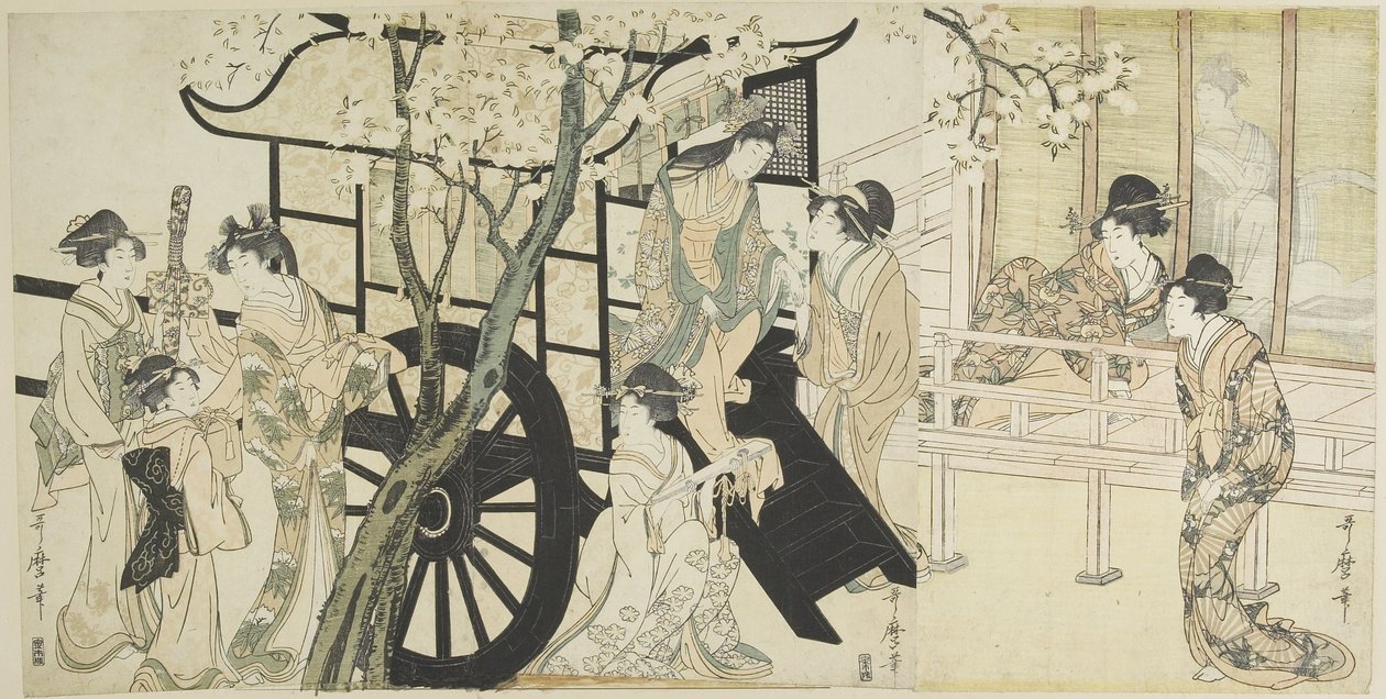 Viewing Cherry Blossoms Likened to an Imperial Carriage Scene by Kitagawa Utamaro