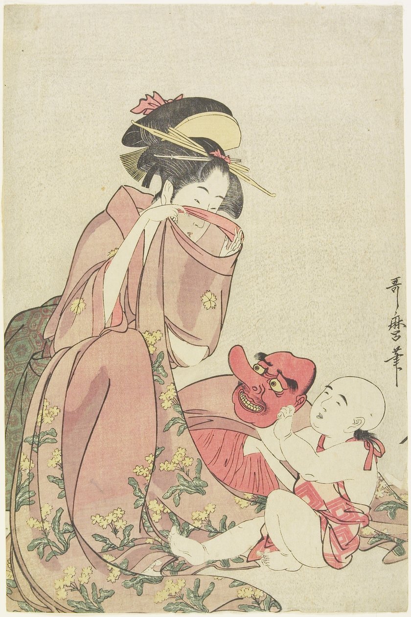 Woman Playing with a Child with a Tengu Mask by Kitagawa Utamaro