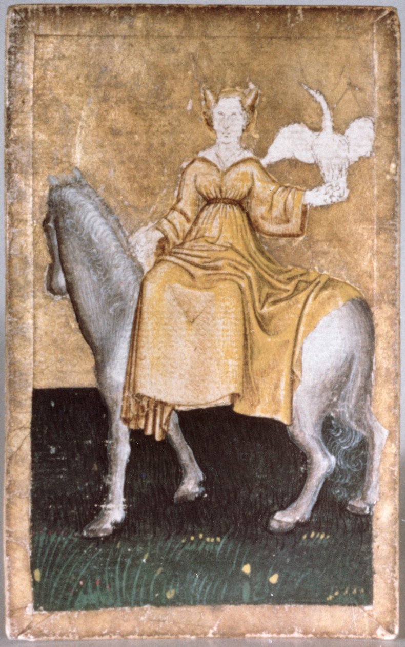 A mounted lady holding a heron on one hand, one of a set of playing cards depicting scenes of courtly hawking, Upper Rhine Area by Konrad Witz