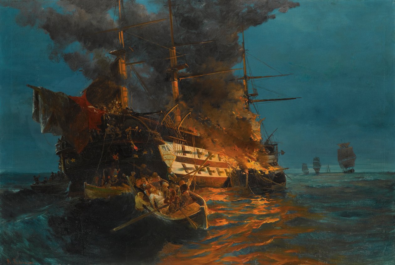 The Burning of a Turkish Frigate by Konstantinos Volanakis