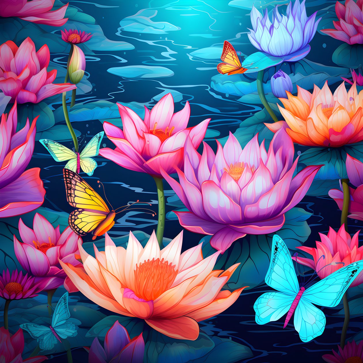 Seamless Pattern of Lotus Flowers and Butterflies 1 by Kurt Heppke