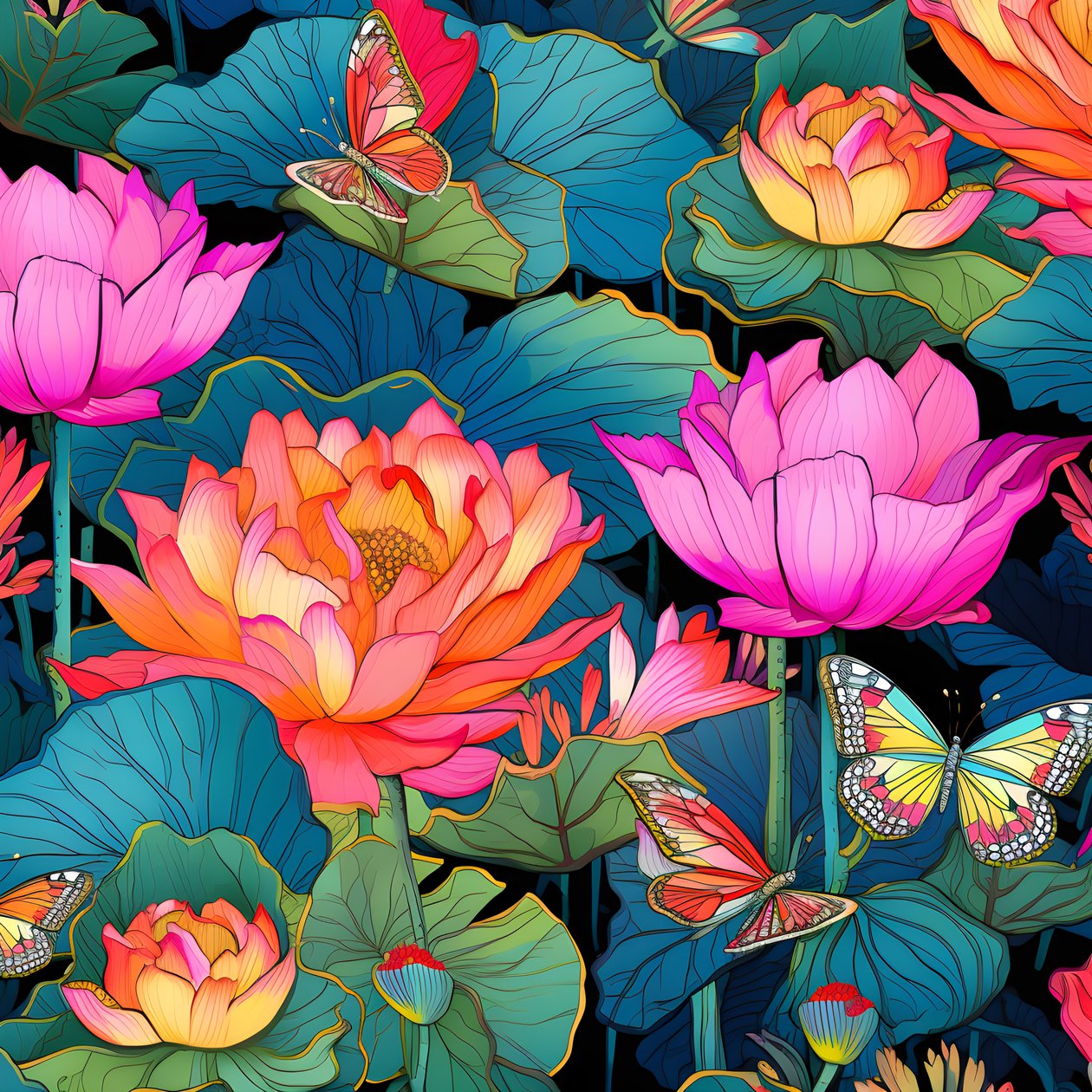Seamless Pattern of Lotus Flowers and Butterflies 3 by Kurt Heppke