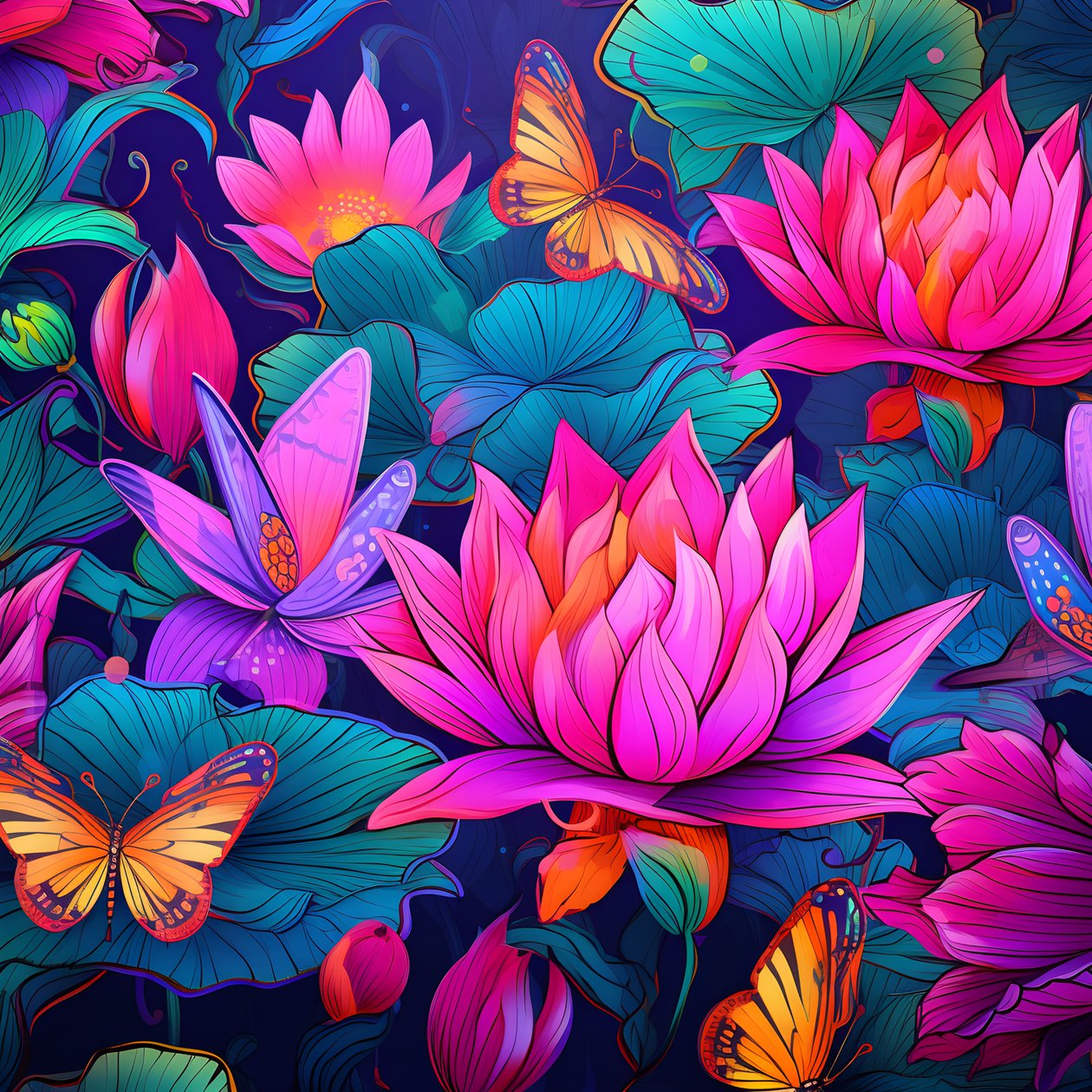 Seamless Pattern of Lotus Flowers and Butterflies 4 by Kurt Heppke