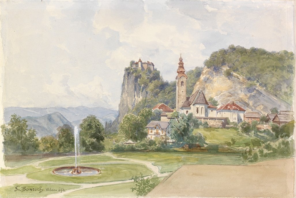 Bled Parish Church with Castle in the Background by Ladislav Benesch