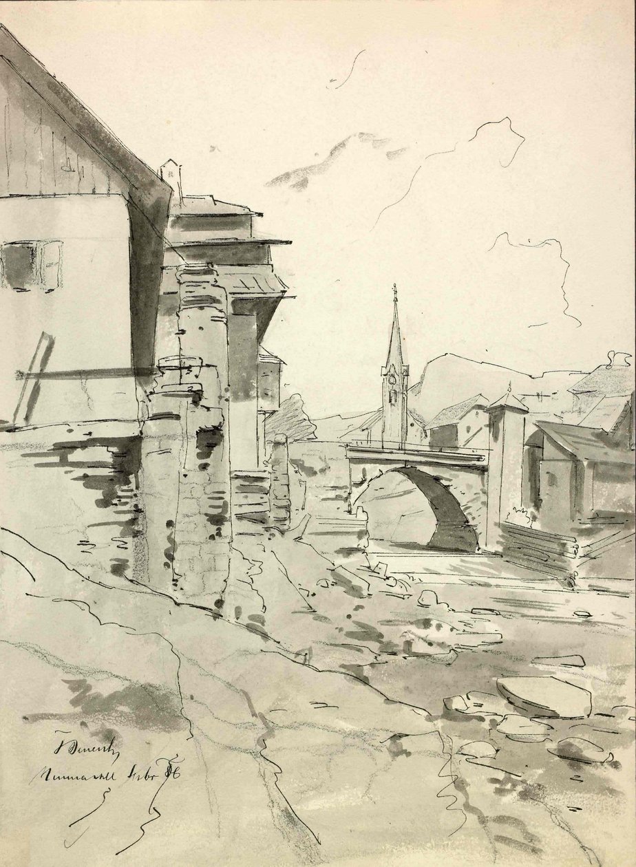 Trzic, Scene with Bridge and Church in the Background by Ladislav Benesch