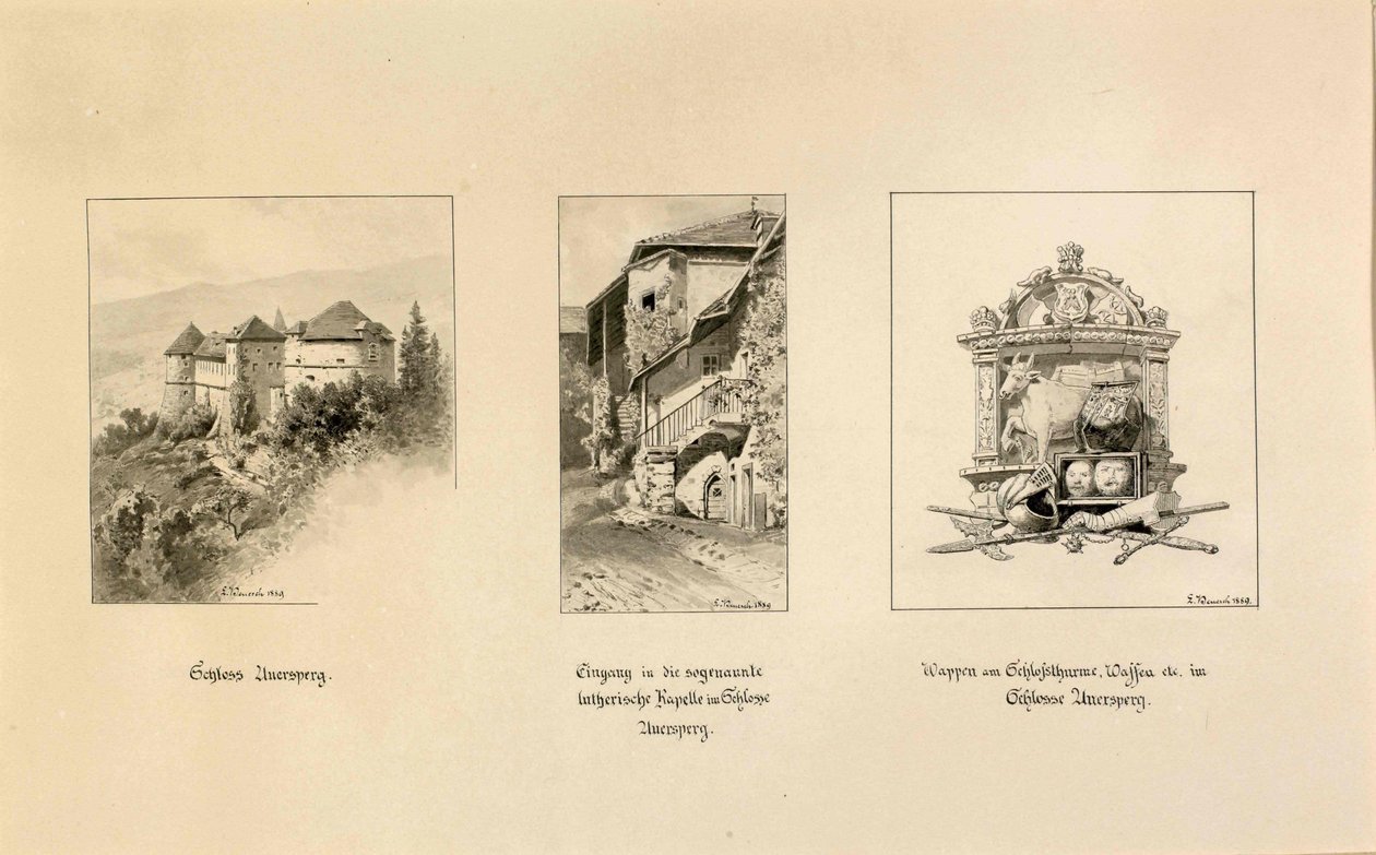 Turjak: View of Turjak Castle; Entrance to the Lutheran Chapel; Turjak Coat of Arms by Ladislav Benesch