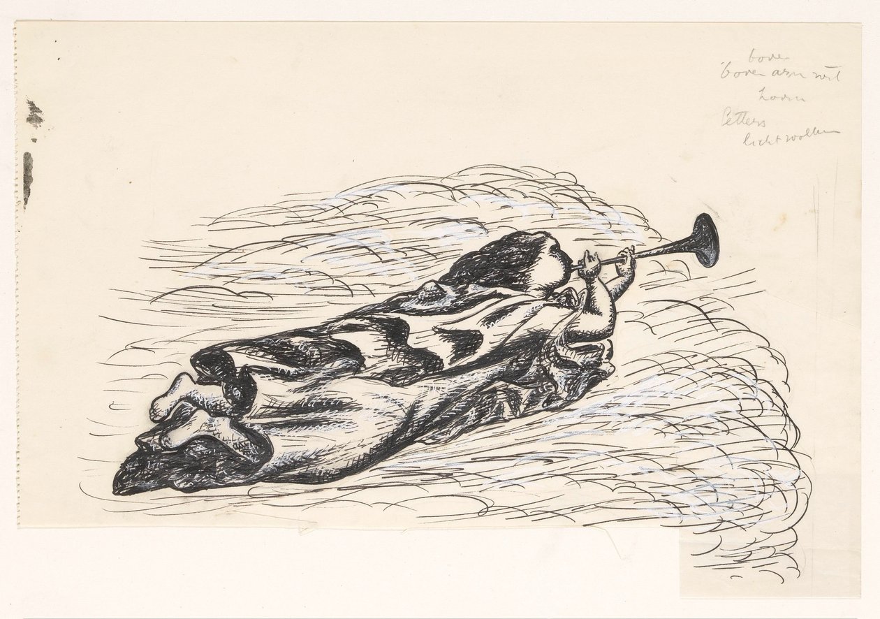 Woman with Trumpet, Floating on Clouds by Leo Gestel