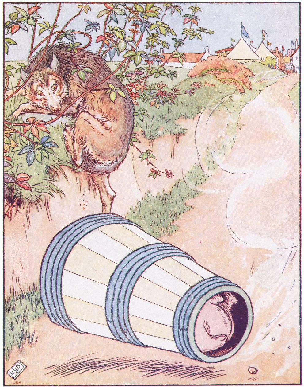 The churn began to roll, and rolled down hill with the pig inside by Leonard Leslie Brooke