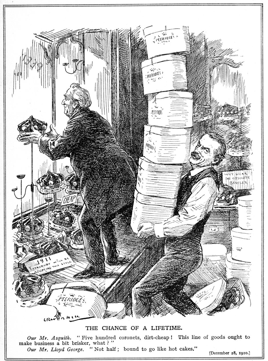 Asquith and Lloyd George prepare to create 500 additional peers to overcome the opposition of the House of Lords to reform by Leonard Raven Hill