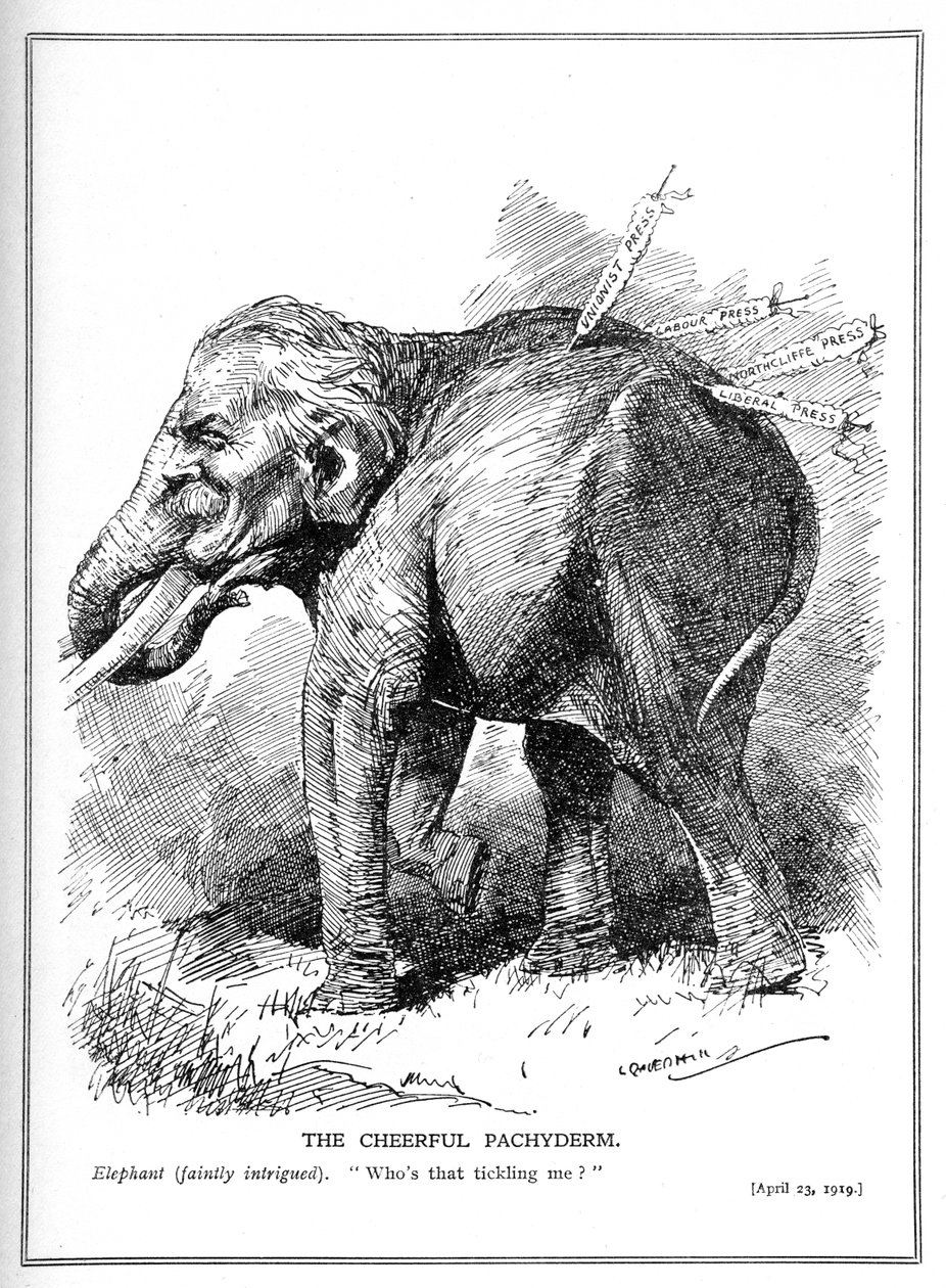 Lloyd George, Portrayed as an Elephant, Pays No Attention to Press Criticism, April, 1919 by Leonard Raven Hill