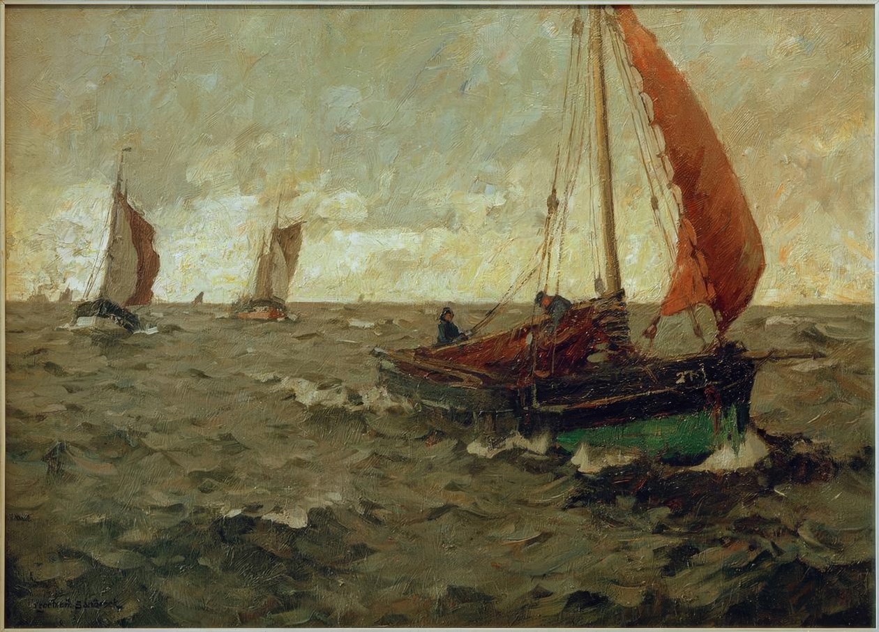 Fishing Cutter at Sea with Approaching Clouds by Leonhard Sandrock