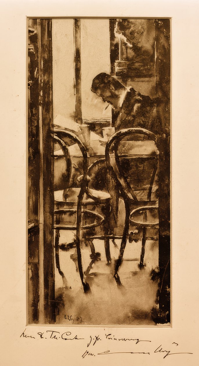 Café Gelber in Hamburg (Man Reading Newspaper in Café) by Lesser Ury