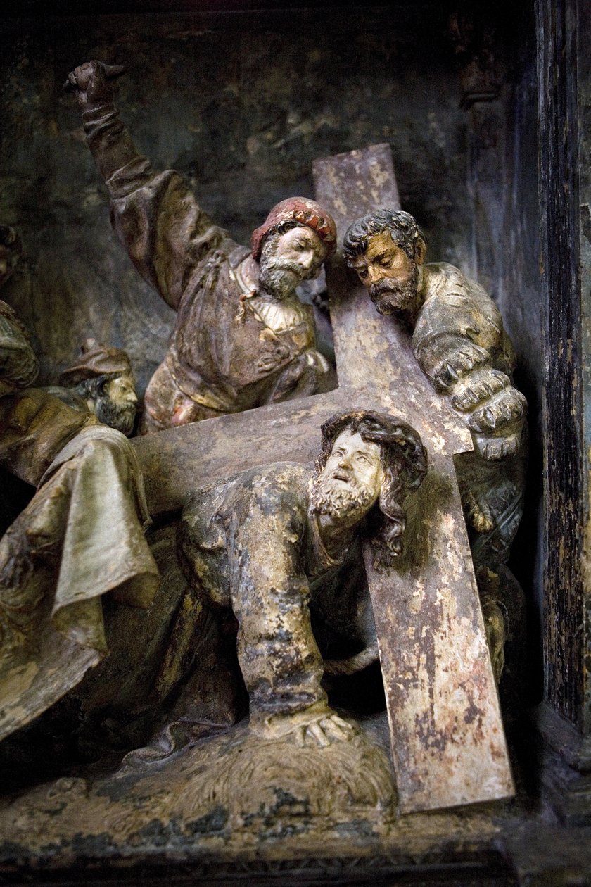 Altar piece, left panel, (detail) The carrying of the Cross, St. Veronica by Ligier Richier