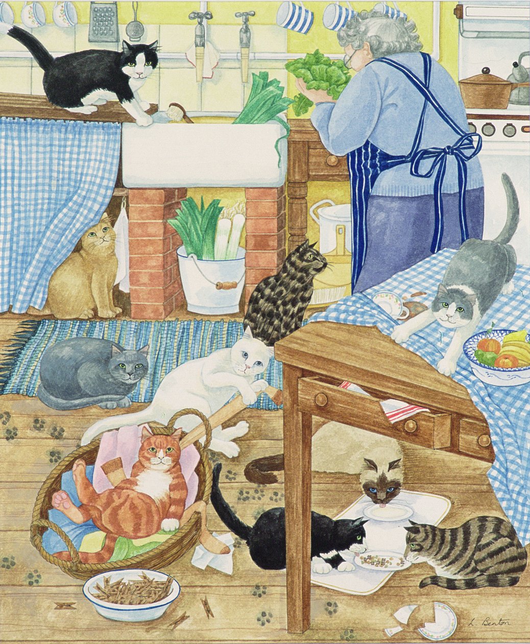 Grandma and 10 cats in the kitchen by Linda Benton