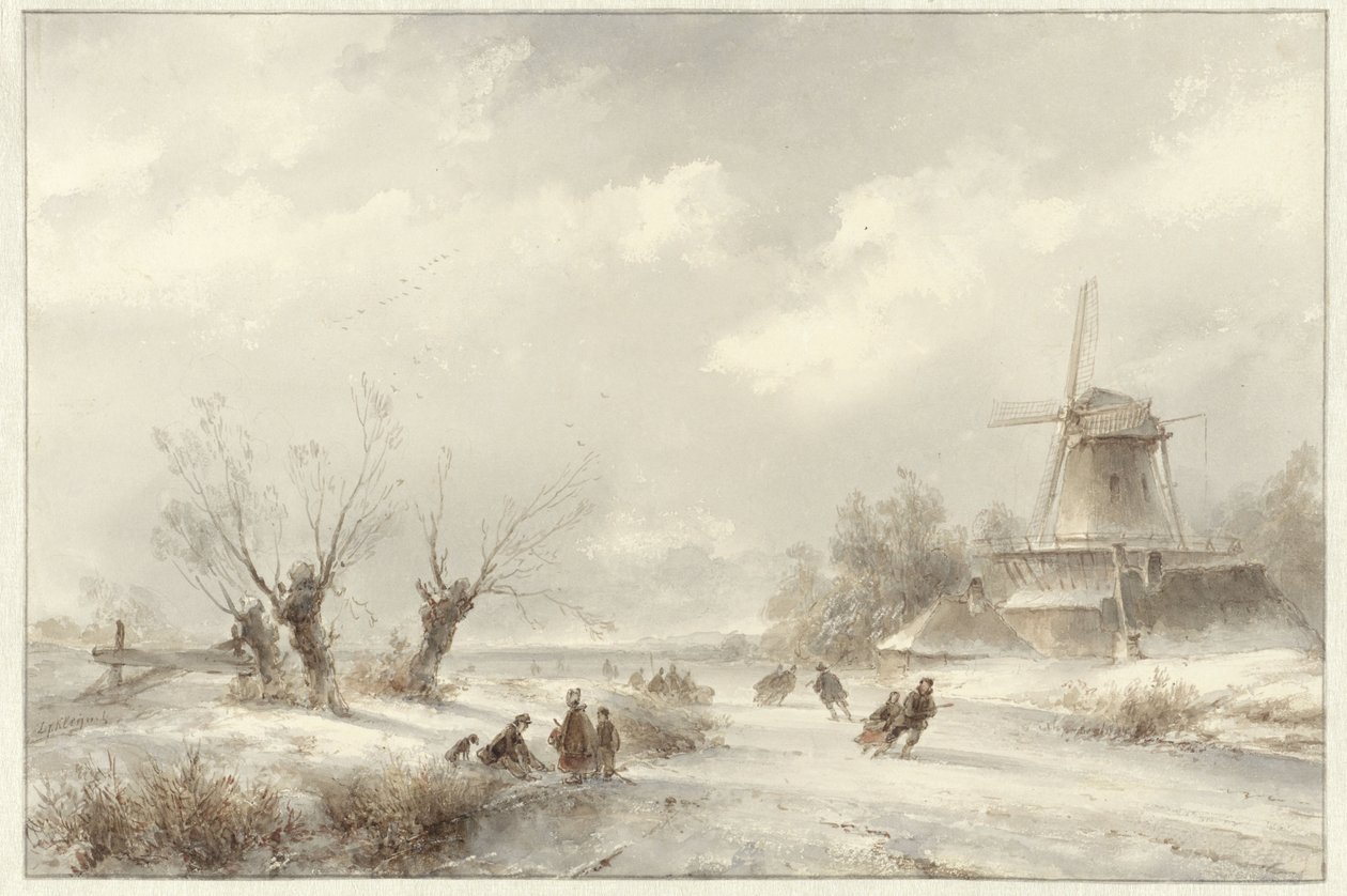Winter Landscape with Skaters near a Mill by Lodewijk Johannes Kleijn