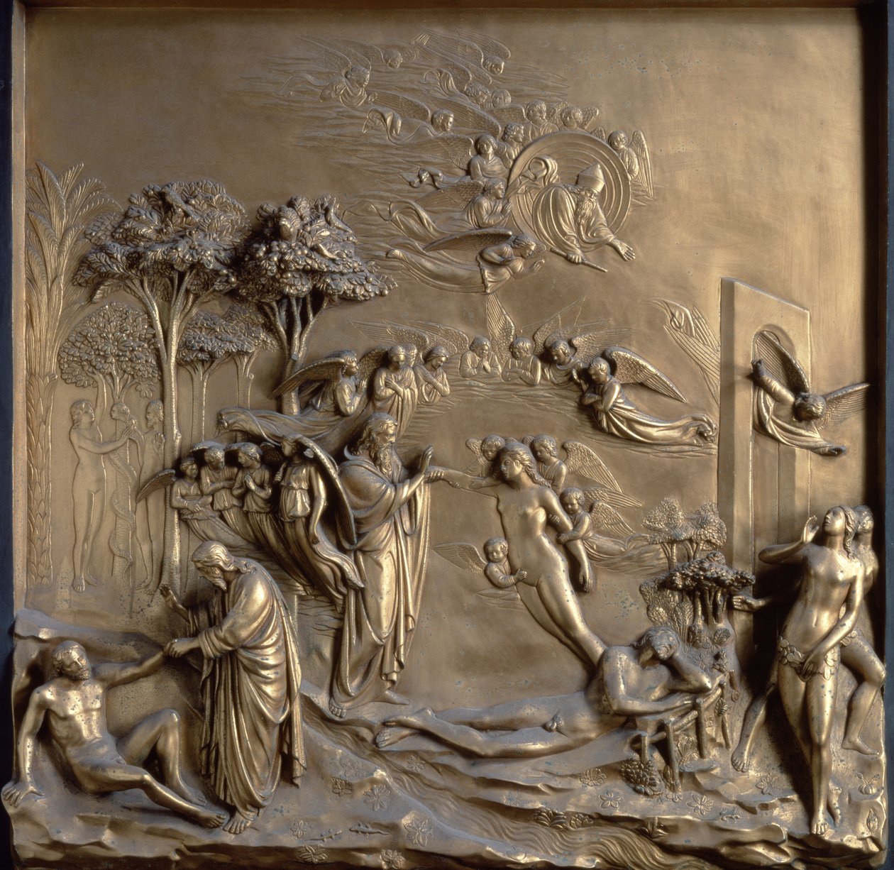 The Story of Adam: The Creation of Adam and Eve, the Temptation and the Expulsion from the Garden, One of Ten Relief Panels from the Gates of Paradise (East Doors) by Lorenzo Ghiberti, 1425 by Lorenzo Ghiberti