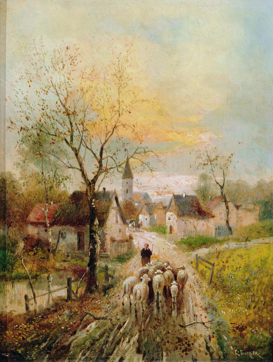 A Shepherdess Leads Her Flock into the Village by Lothar Michael Burger