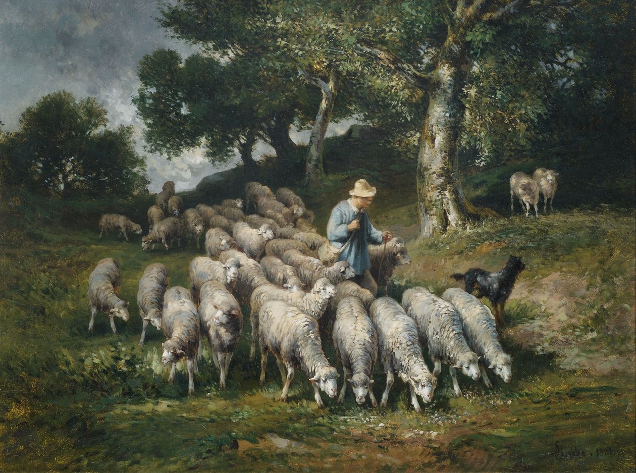 Sheep Herd in Hilly Landscape by Louis Robbe