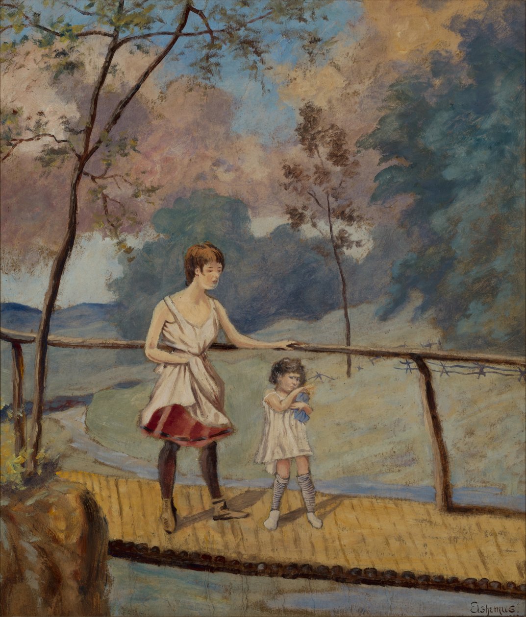 Two Girls on a Log Bridge by Louis Michel Eilshemius