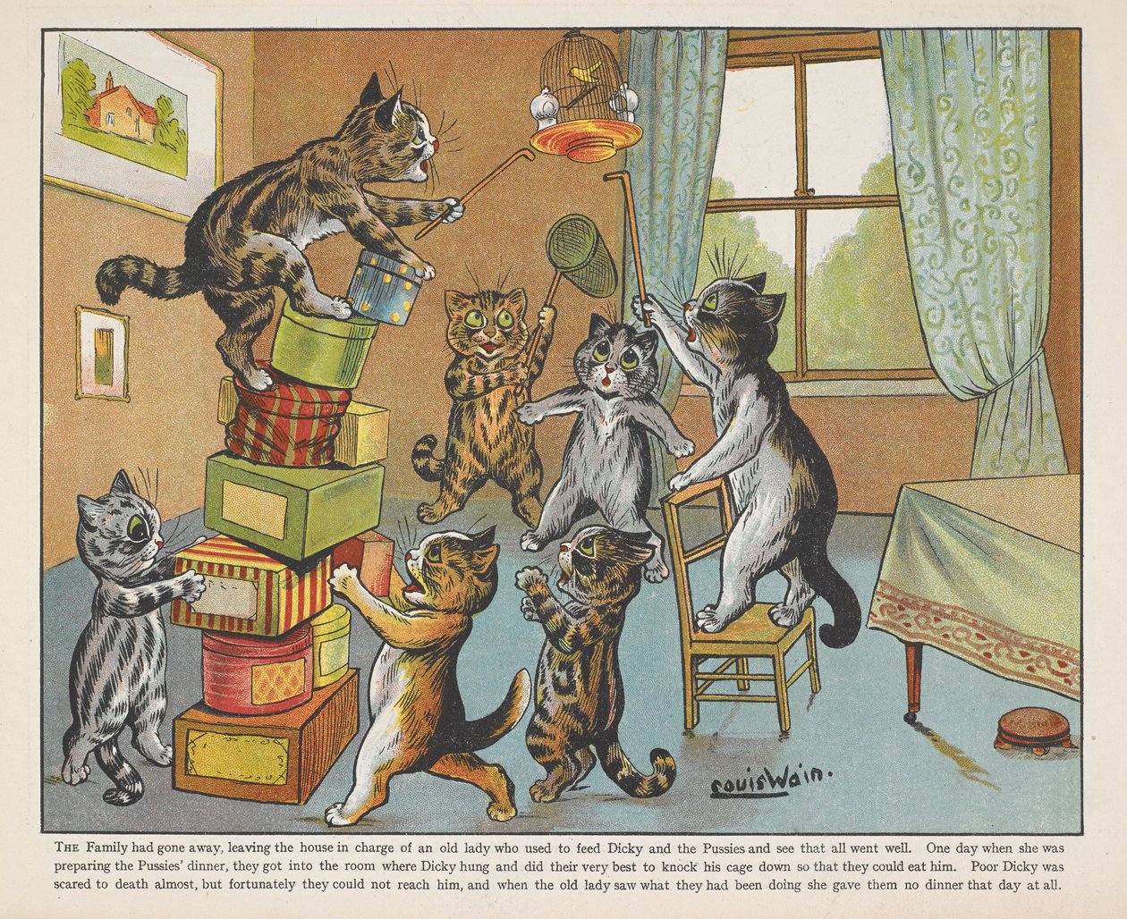 Cats playing with boxes in a room by Louis Wain