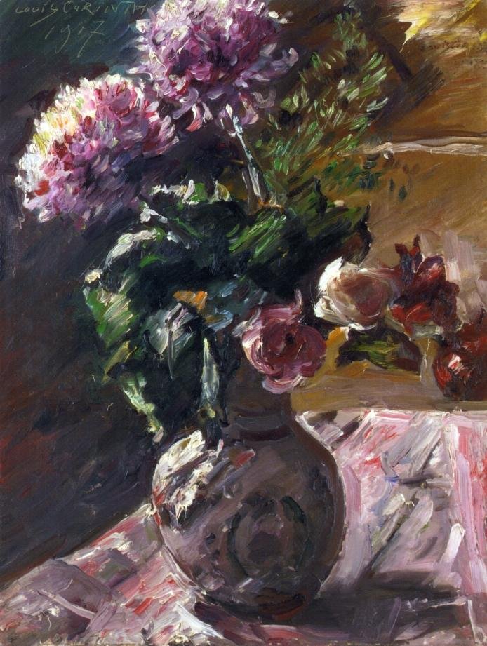 Chrysanthemums and Roses in a Jug by Lovis Corinth