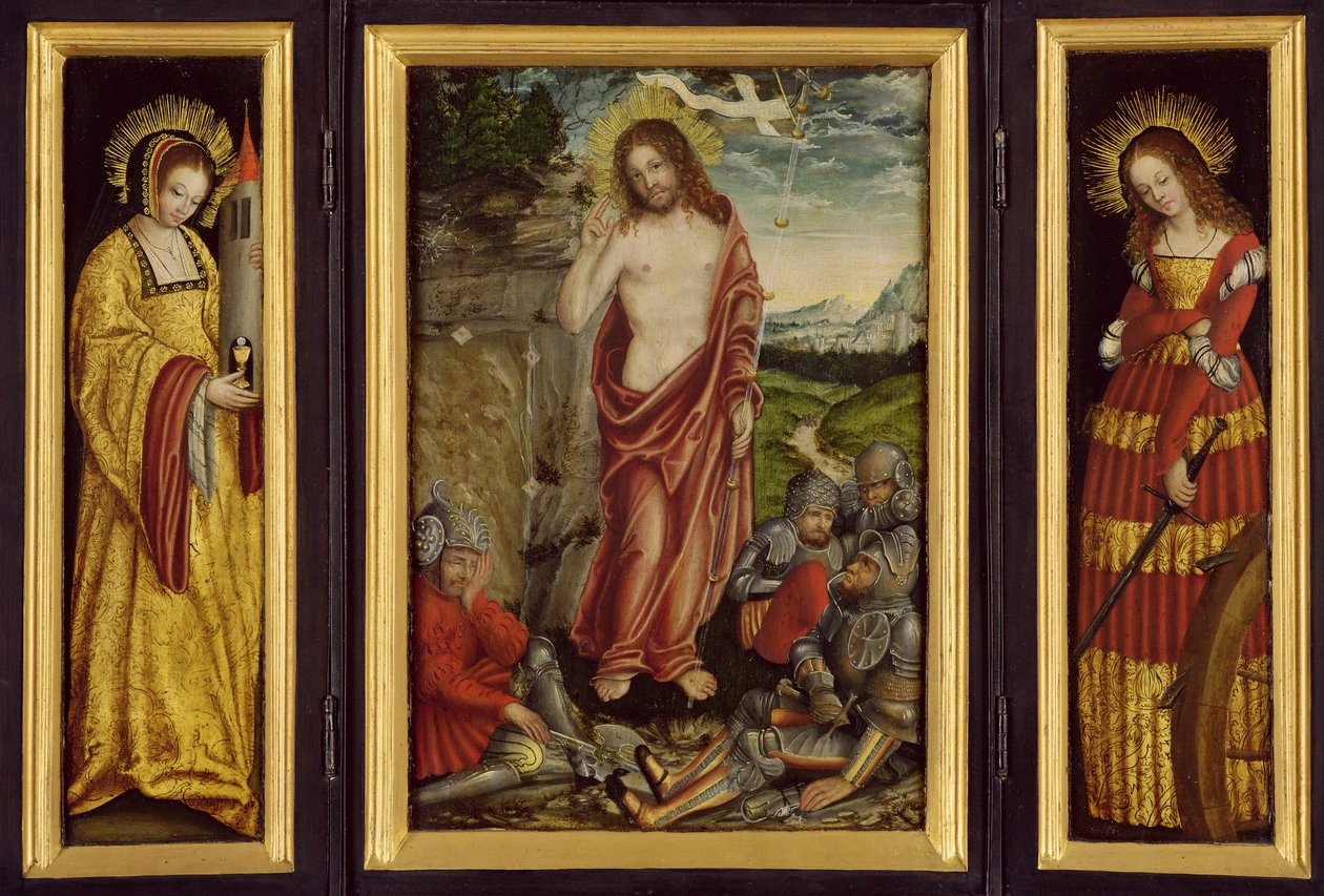 Small Winged Altar with the Resurrection of Christ, St. Barbara (Left Wing) and St. Catharine (Right Wing) by Lucas Cranach the Elder