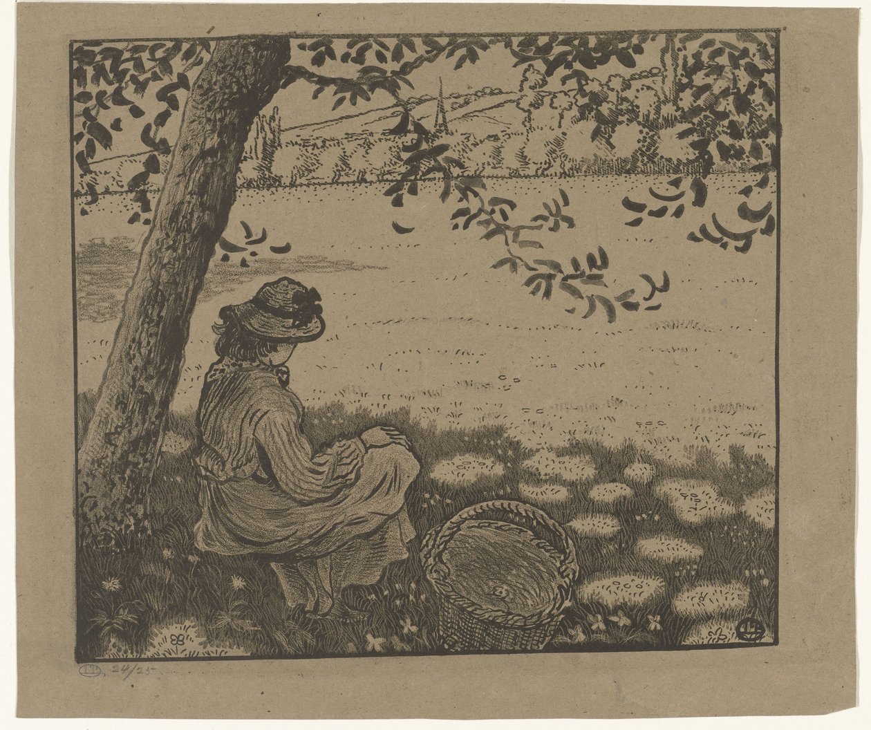 Girl Under a Tree in a Meadow by Lucien Pissarro
