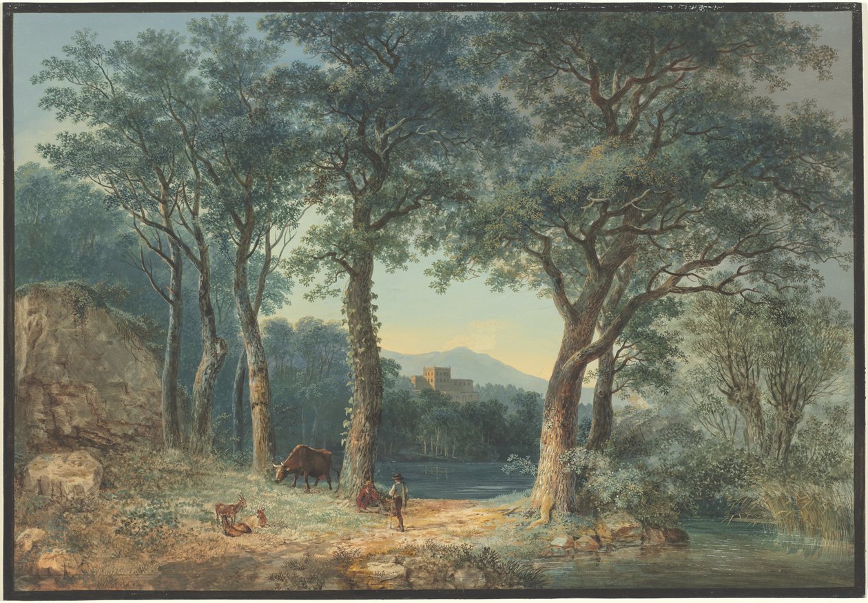 A Wooded Lakeside with an Italianate Villa by Ludwig Hess