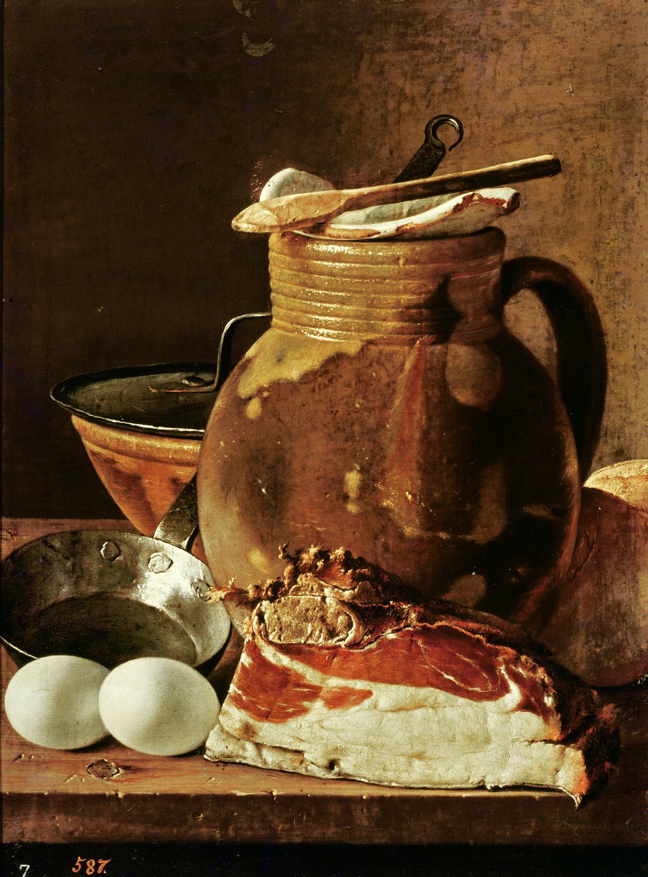 Still Life with Ham, Eggs, Bread, Frying Pan and Pitcher by Luis Egidio Melendez